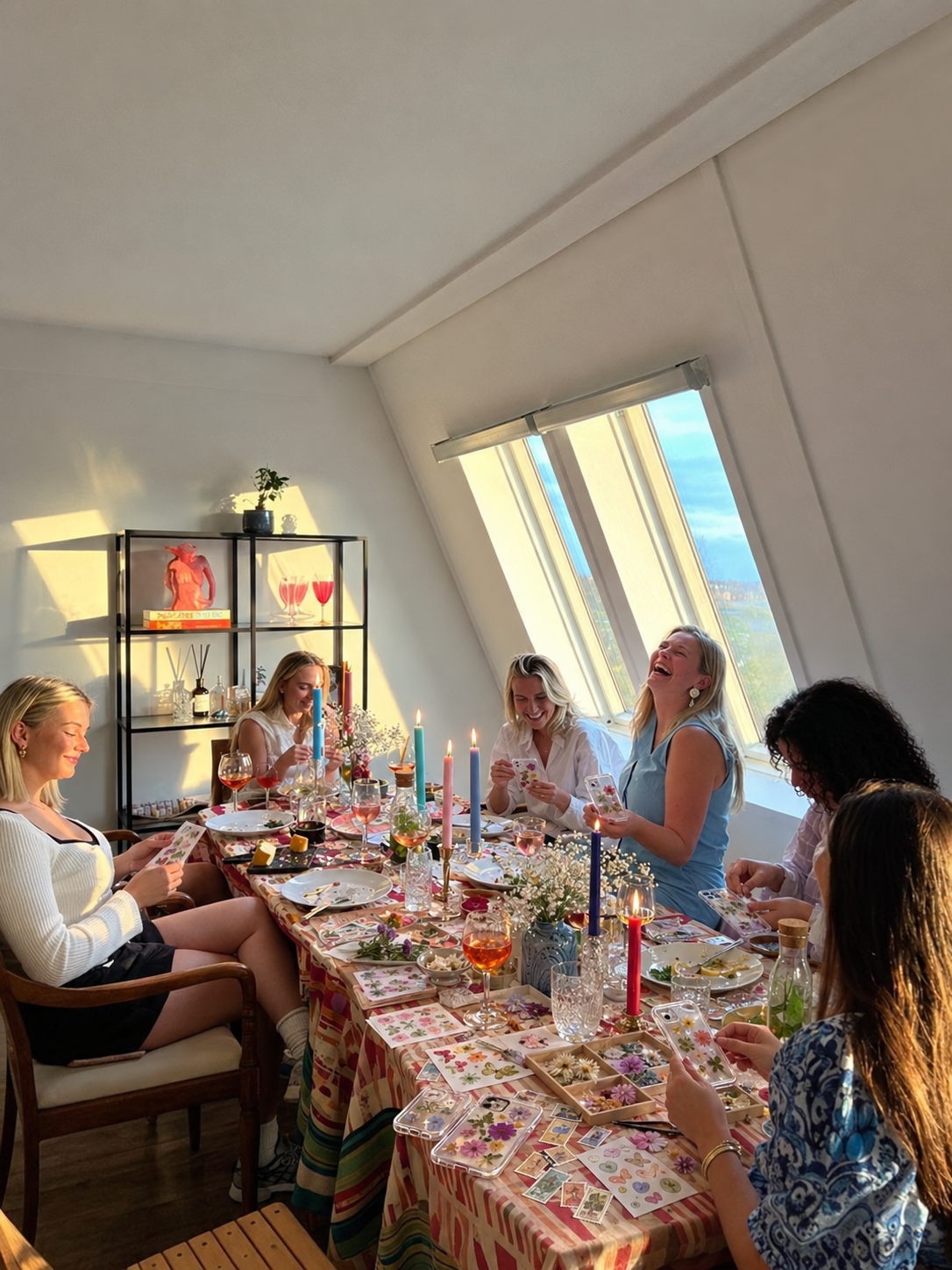 Vriendinnen ontwerpen telefoonhoesjes aan een lange tafel tijdens een girls night