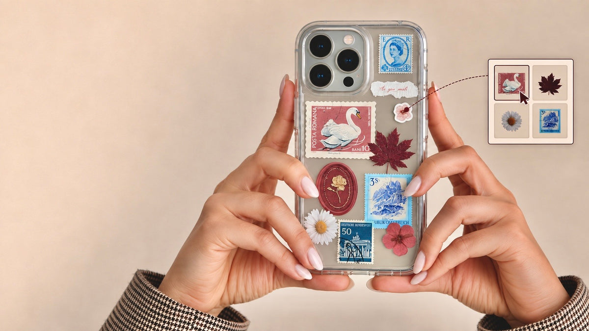 Handen houden een doorzichtig telefoonhoesje met postzegels en bloemetjes vast