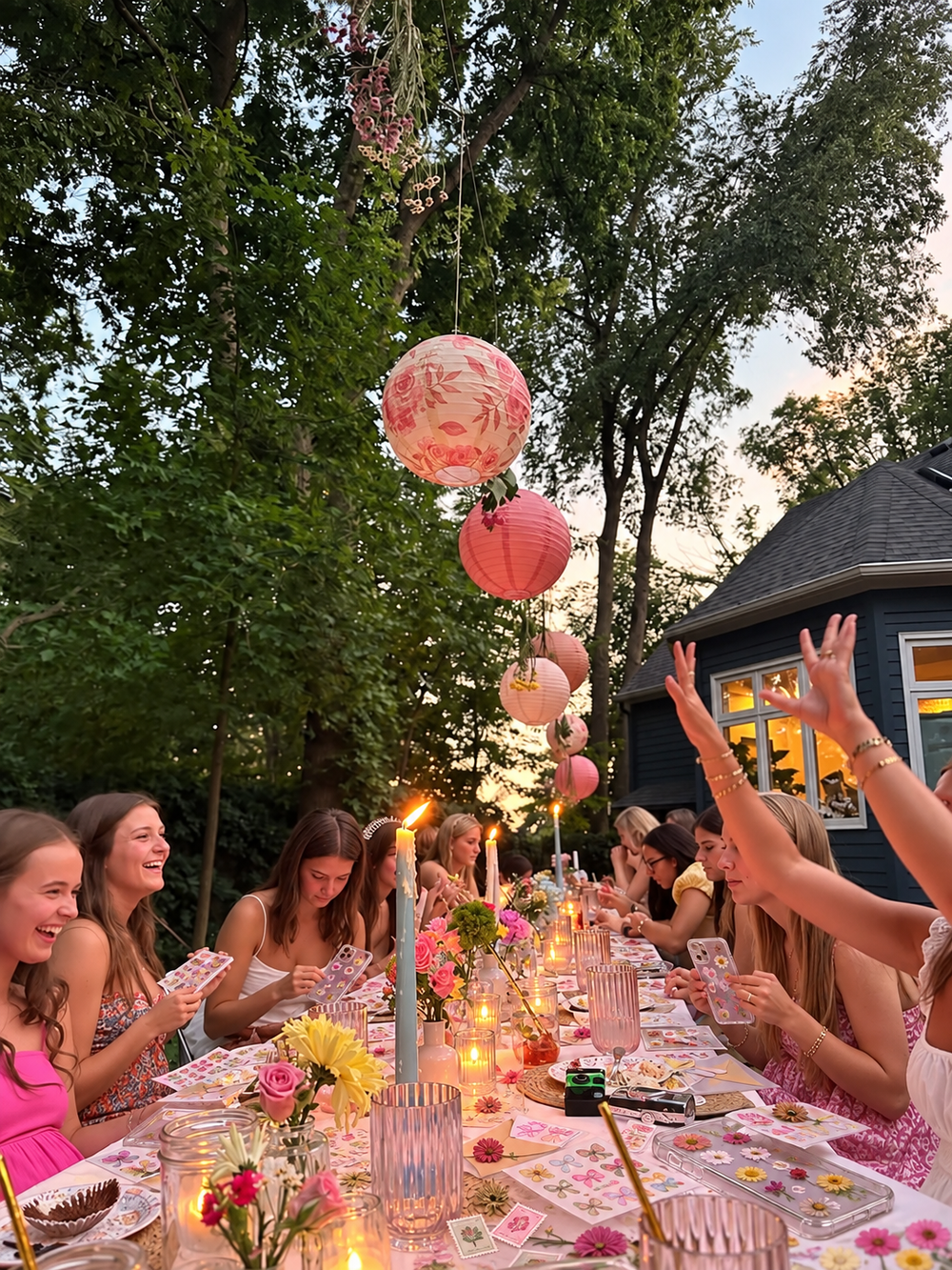 Verjaardag met een hoesjesworkshop buiten aan een lange tafel met kaarsen en lampionnen