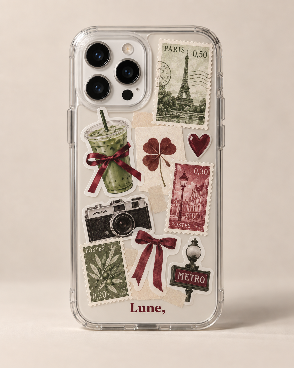 Doorzicht hoesje met een groen thema met stickers en postzegels