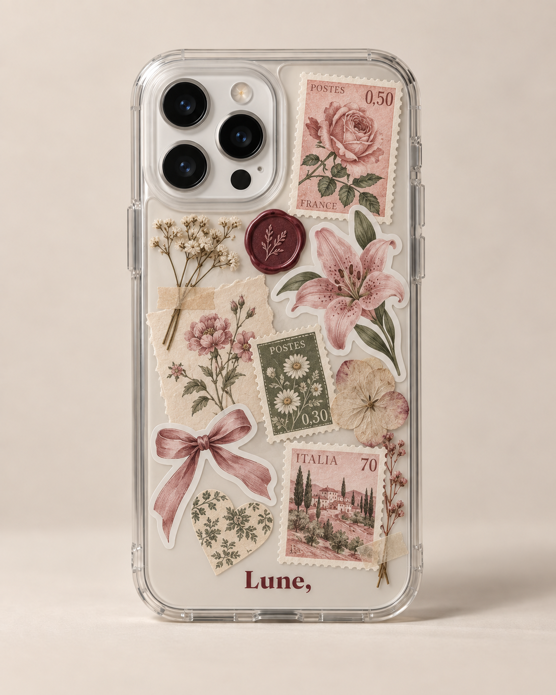 Doorzichtig hoesje met aesthetic stickers en bloemen